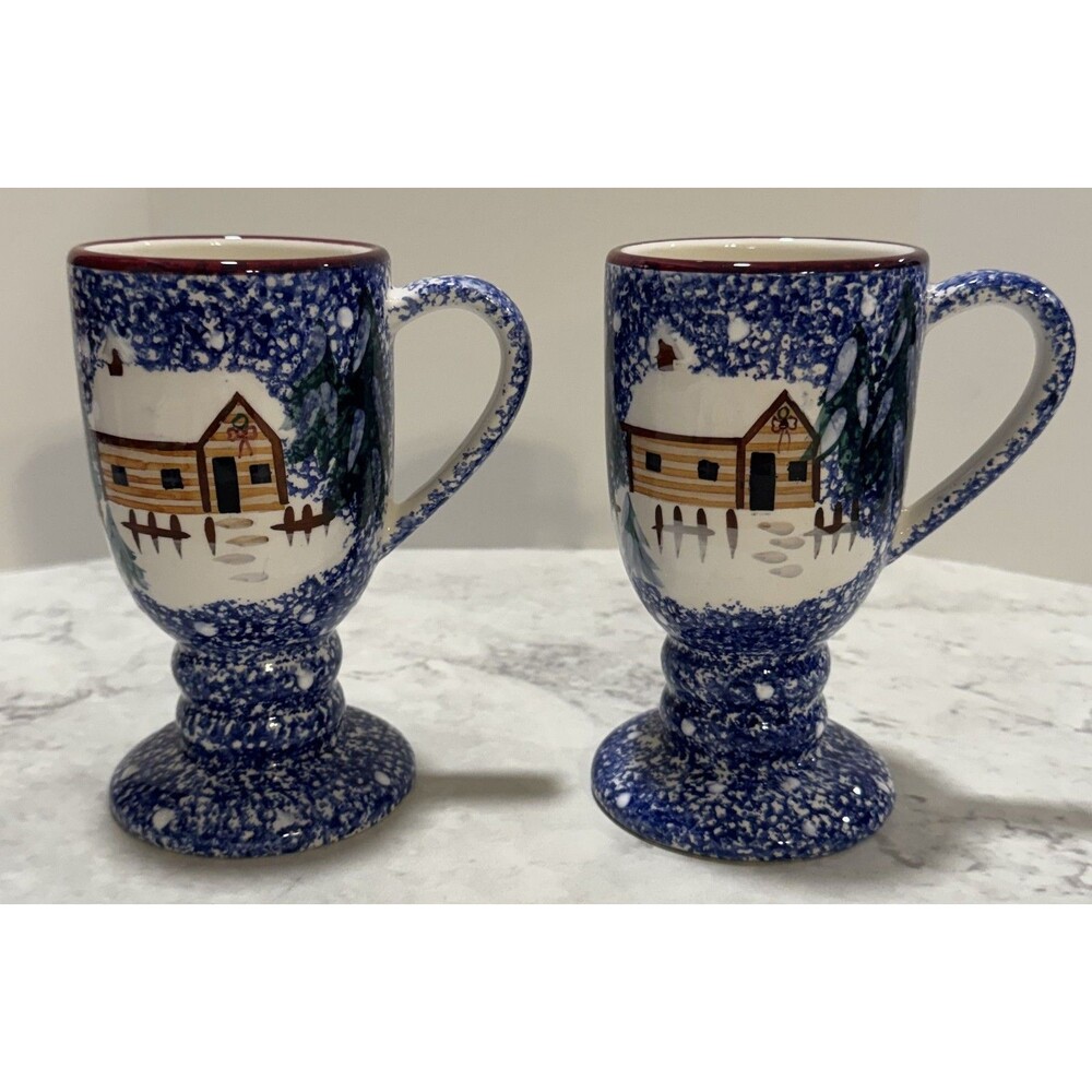 Set of 2 Living Quarters Christmas Cabin Pedestal Irish Coffee Mugs